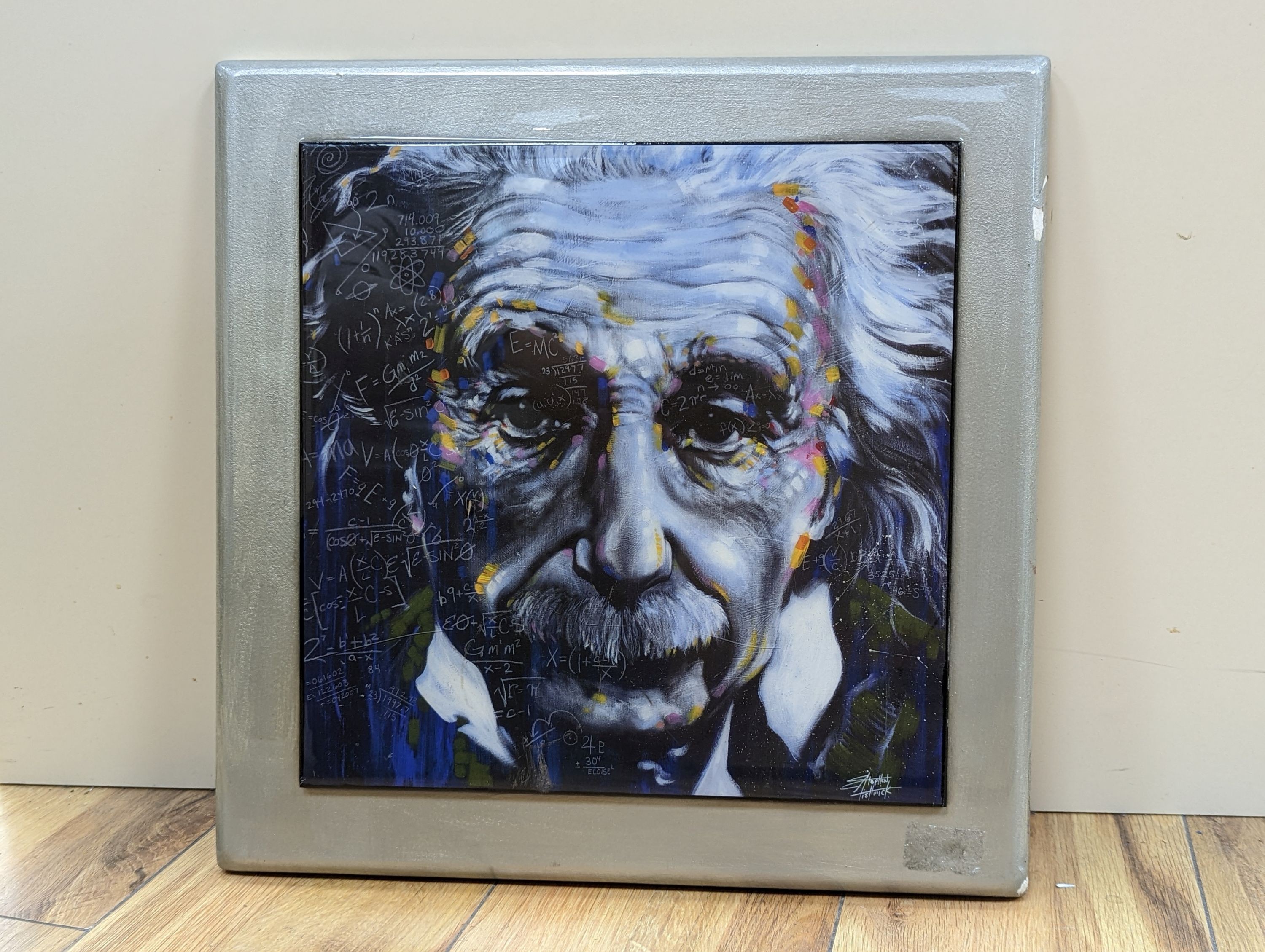 A limited edition panel, 'E=MC squared I- t's all Relative', indistinctly signed and dated 2014, overall 38 x 37cm